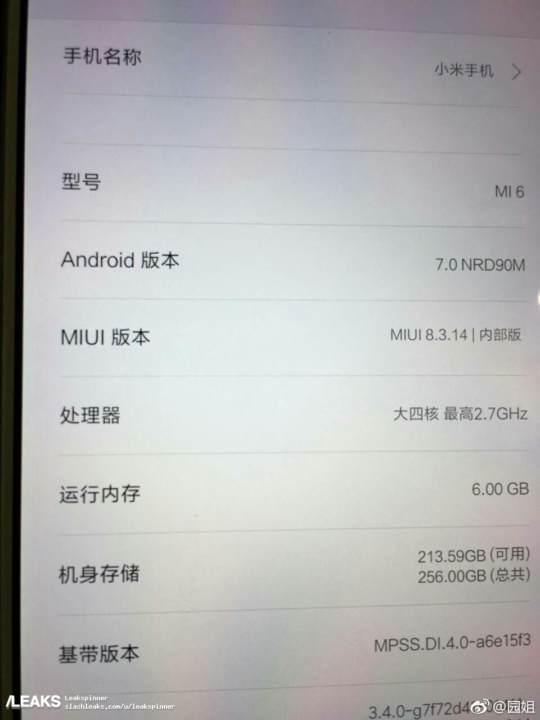 Leak: un'immagine mostra Xiaomi Mi 6 con 6GB RAM e 256GB di memoria interna