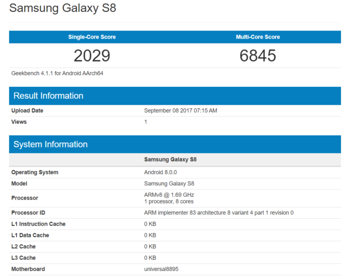 Samsung Galaxy S8: su Geekbench compare Android 8.0 Oreo