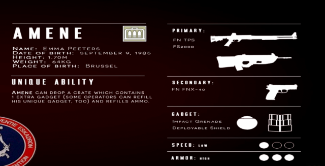 La dotazione di Amene, nuova operatrice belga(Rainbow Six Siege)